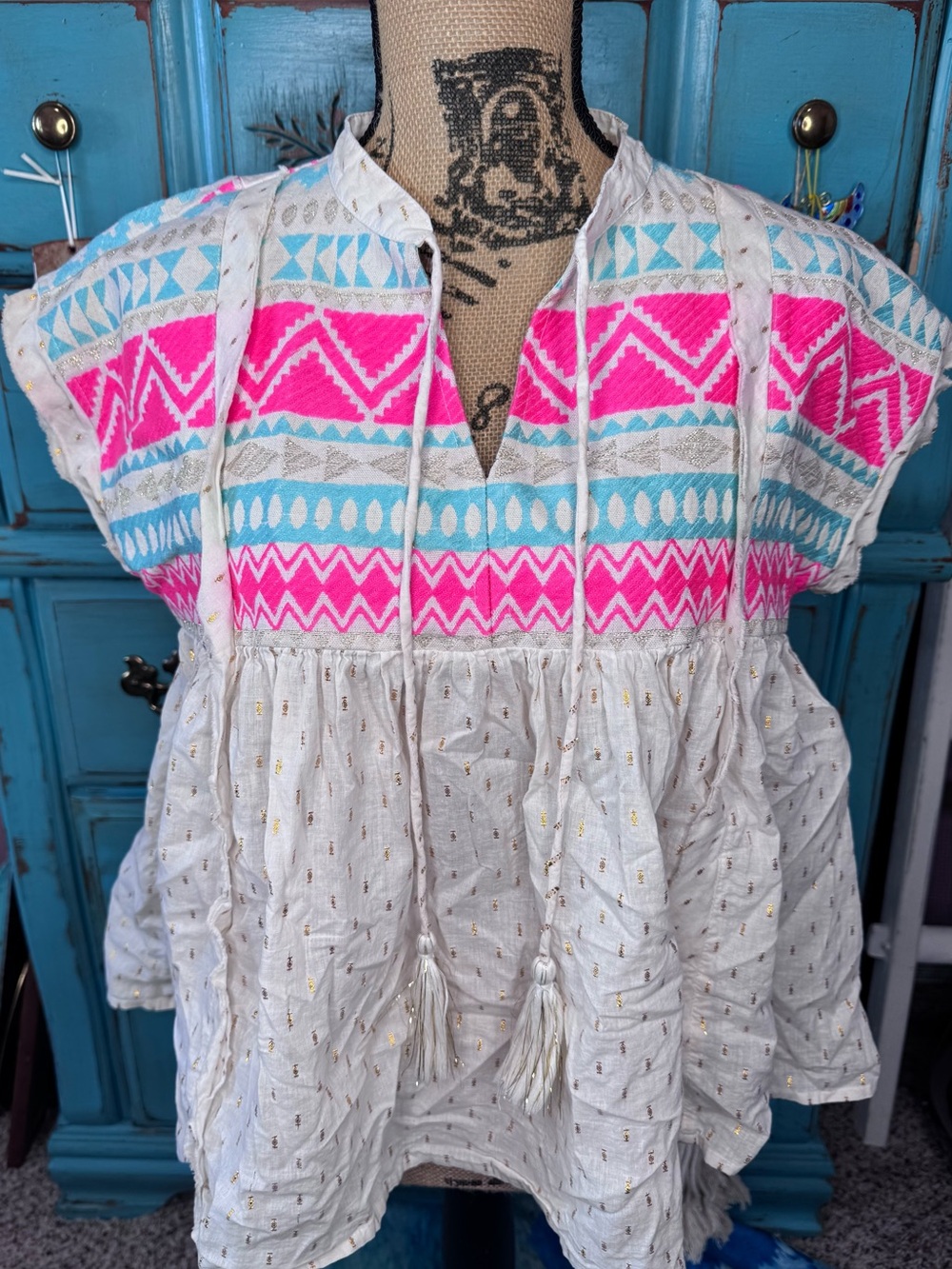 ivy jane White Tassel Peasant Tunic with Hot Pink & Turquoise Embroidery